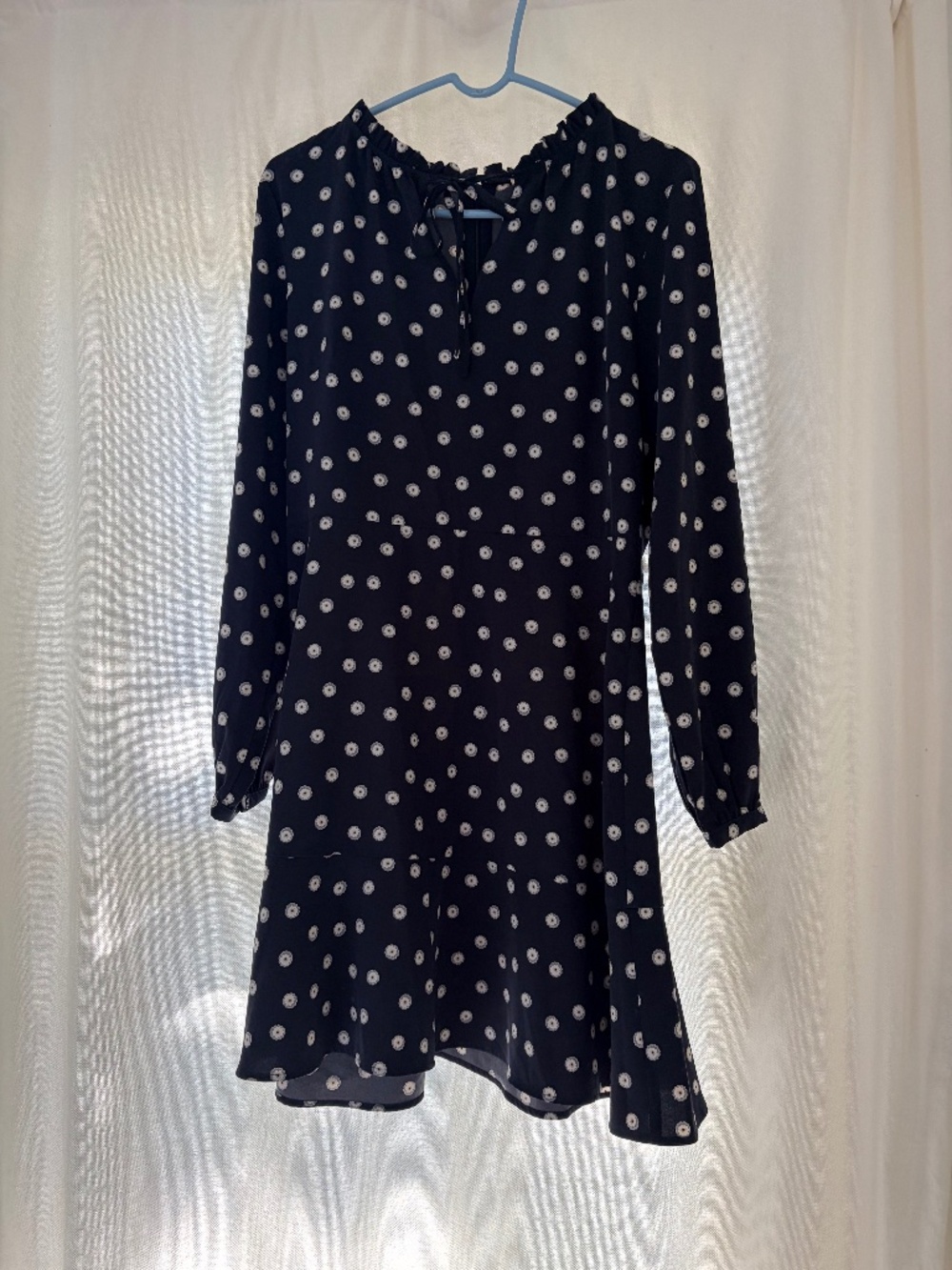 Navy Polka Dot Long Sleeve Dress Size 8| Tie Neck | Fit & Flare Mini